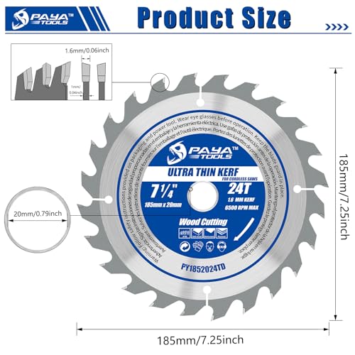 PAYA TOOLS 7-1/4-Inch 24-Tooth Circular Saw Blade, 0.063\" Ultra Thin Kerf Blade 20mm Bore (16mm Reduction Ring Included), ATB Framing Blade for Wood Fast Cutting