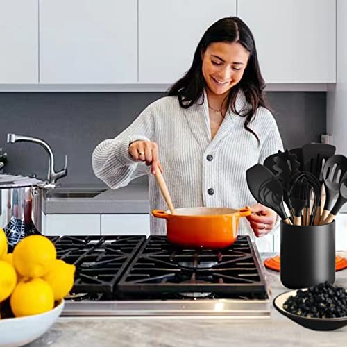 Black Kitchen Utensil Holder for Countertop, Matte Ceramic Spatula Holder Crock For Counter, Modern Cooking Utensils Holder, Rustic Porcelain Utensil Jar for Farmhouse Décor By SMARTHOM 4.4 * 6.2 IN - Thumbnail 2