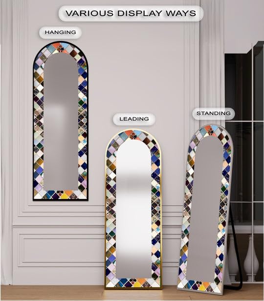 Mosaico Mirage - Specchio da pavimento ad arco a lunghezza intera, 50 x 160 cm (larghezza x altezza), con cornice nera e cornice nera