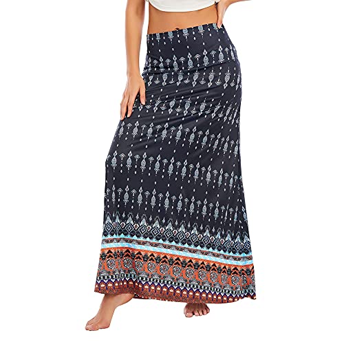 Image of Zando Long Skirts for Women Casual High Waisted Maxi Skirt Trendy Dresses Workout Stretchy Flared Black Skirt for Girls, Blue Orange Floral, Large