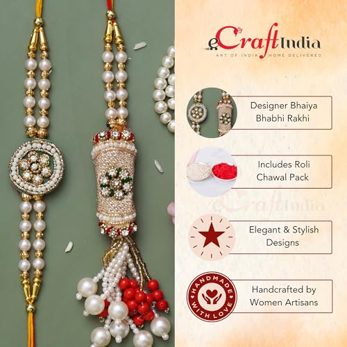 Image of eCraftIndia Diamonds, Pearls Floral Designer Bhaiya Bhabhi Rakhi Set with Roli Chawal Pack - for Brother, Bhaiya, Bhai - Lumba Rakhi for Bhabhi