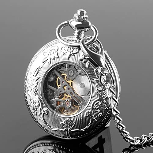 Alwesam Men's Mechanical Dragon Design Hand Wind Pocket Watch Roman Numerals Steampunk With Chain Box #TOP4