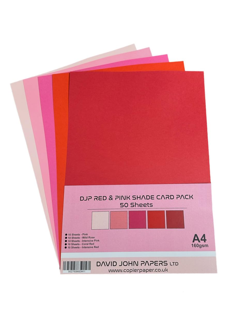 DJP 160GM Red & Pink Shade Tint Card Pack - 5 Colours, 50 Sheets - 10 Each Colour, A4 Size