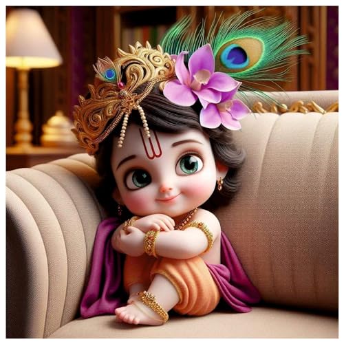 Image of Akki Wold Mukut,Feather,Flower Kanha On Soffa Wall Poster For Living Room, Office, Pooja Room (Size - 41CM X 41CM)
