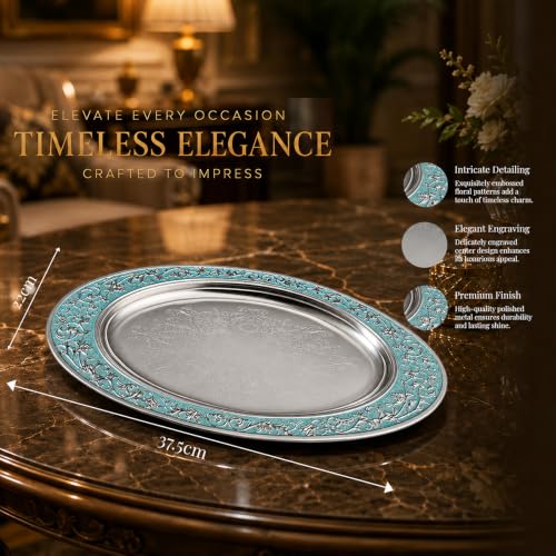 Image of Diviniti Luxury Oval Decorative Tray | Premium Silver Finish Metal Oval Platter with Turquoise Embossed Border | Luxury Home Decor Display Tray for Coffee Table, Dining Table, Console & Gifting (Blue)