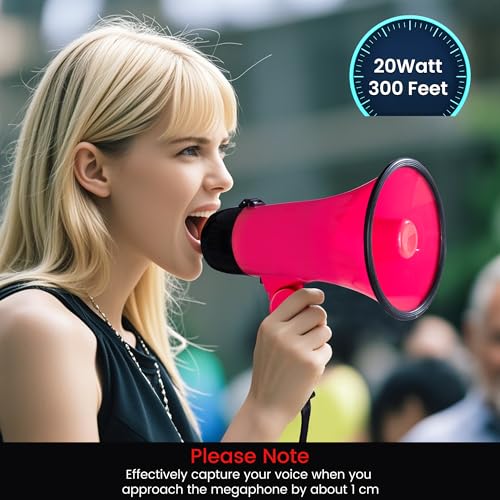 MyMealivos Portable Megaphone Bullhorn 20 Watt Power Megaphone Speaker Voice and Siren/Alarm Modes with Volume Control and Strap (Deeppink)…