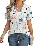 Rapbin Tops for Women Dressy Casual V Neck Short Sleeve Tshirts Loose Soft Summer Tee Blouses (White Blue Flower, XL)