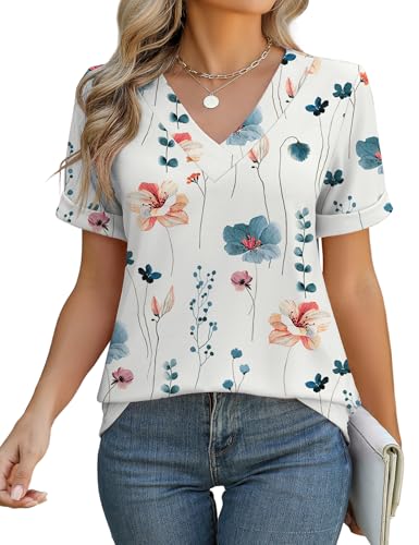 Rapbin T Shirts for Women Short Sleeve V Neck Tshirts Loose Fit Lightweight Soft Casual Summer Spring Tee Tops