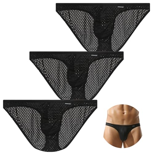 AIEOE Lot de 3 Slips Homme Transparente Mesh Respirant Sexy Léger sous-Vêtements Noir Taille Label 2XL/Taille EU XL