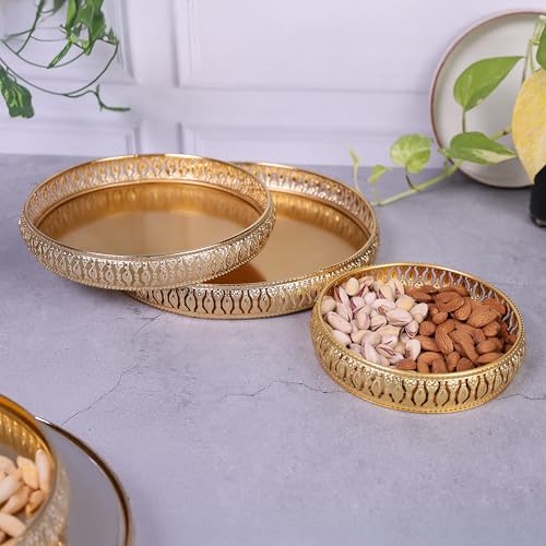 Image of Design Decor Gallery Combo of Round German Golden Plated Tray 6 Inch,8 Inch and 10 Inch, Set for Wedding Gift Home Decor Table Decor Make up organnizer for Present choclates Candy Gift Set