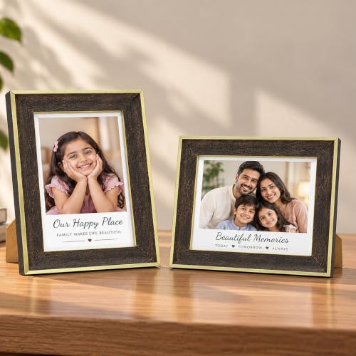 Image of GOLDEN PEACOCK 5x7 Inch Photo Frame in Dark Wood and Gold Finish for Tabletop Display or Wall Hanging, Holds Family Photos, Suits Home and Office