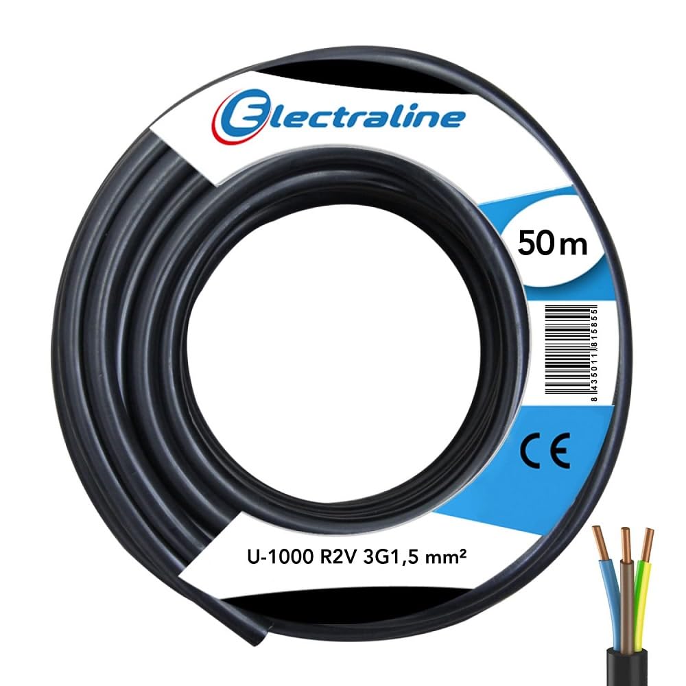 Electraline 10218279D - Bobina di cavo U-1000 R2V 3G1.5, 50M, colore: Nero
