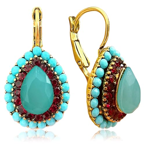 Unique Bohemian Vintage Sparkly Crystal Colorful Round Flower leverback earrings Boho Retro Bronze Circle Beaded Flower Floral Dangle Drop Earrings for Women