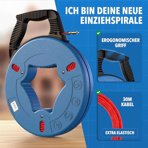 Einziehspirale 30m - Kabeleinziehhilfe, Einziehspirale mit Einziehfeder, Einziehhilfe für Leerrohre, Kabeleinzugshilfe für Leerrohr, Zugdraht, Kabelzieher für Kabel & Elektroinstallationen