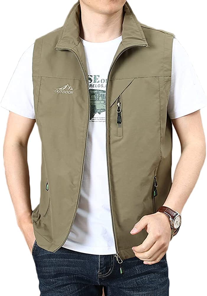 Gilet multi-tasche da lavoro da uomo con cerniera leggera e traspirante, gilet utilità gilet safari caccia escursionismo fotografia gilet giacca senza maniche per viaggi all'aperto pesca, cachi, M
