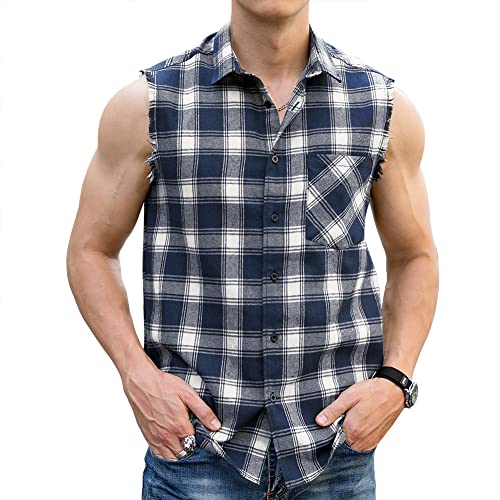LOGEEYAR Men's Sleeveless Shirt Plaid Flannel Button Down Casual Vest Shirts