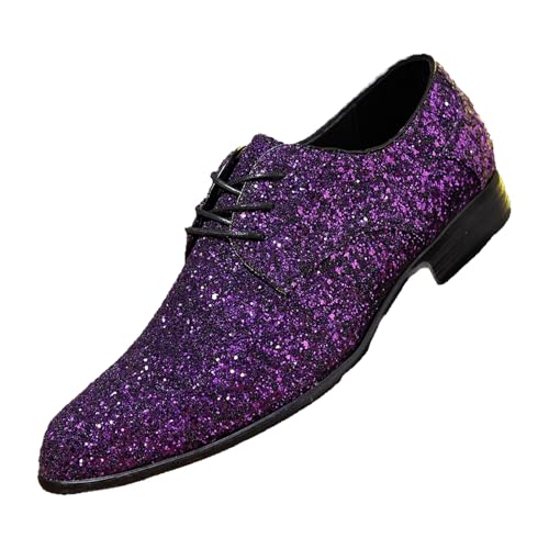Men's Glitter Sequin Pointed Toe Derby Shoes Fashion Lace Up Block Chunky Heel Tuxedo Dress Oxfords for Party Prom Wedding