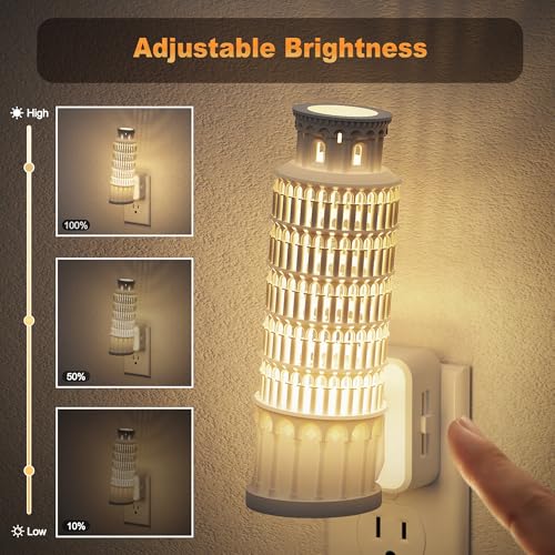Image of JandCase Night Lights Plug into Wall, 3000K Plug in Night Light | 3D Printed Leaning Tower of Pisa NIghtlight with Dusk to Dawn Sensor, 0-100LM Adjustable Brightness for Room Bathroom Hallway
