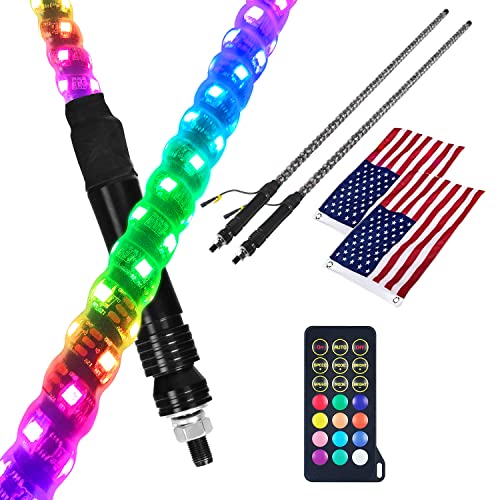 🛒 Flash Sale omotor 2pcs 3ft LED Whip Light with Remote Control Spiral RGB Chase Light Offroad 360°Spiraling Rising Dream Wrapped Dancing Whips