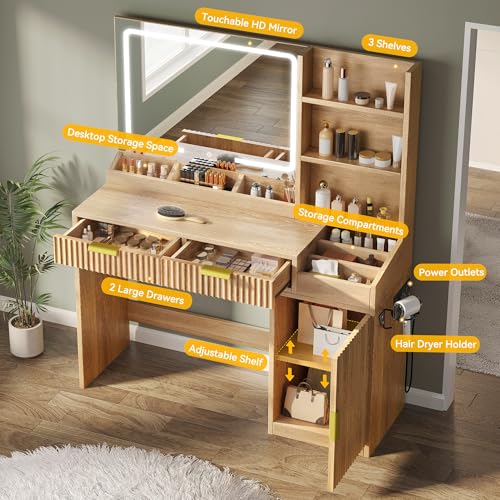 Image of DWVO Fluted Makeup Vanity Desk with Large Mirror and Lights, Makeup Table with Power Outlet, Shelves & 2 Drawers, 3 Color Lighting Modes