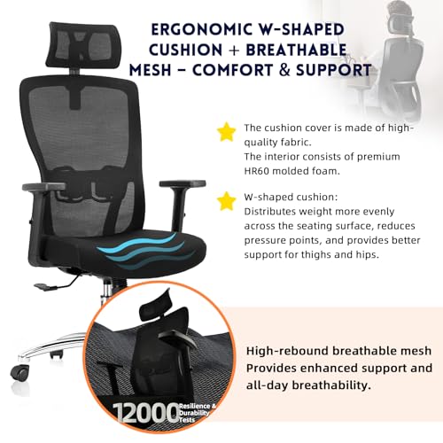 Durrafy Sedia Ufficio Ergonomica, Sedia Ufficio, Sedia girevole con Poggiatesta regolabile, Bracciolo, Supporto lombare, Regolazione in altezza e Oscillazione a 120°, Cuscinetto 150KG - 7