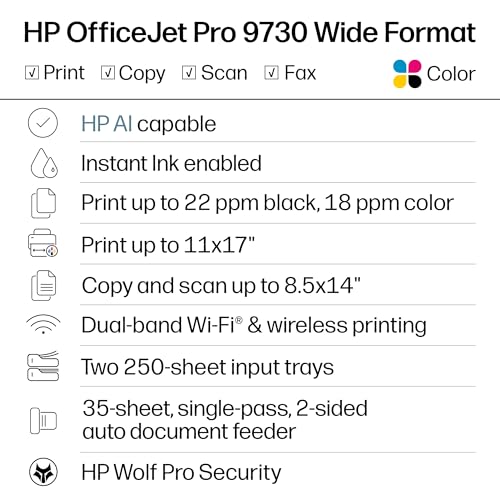 Image of HP OfficeJet Pro 9730 Wide-Format Wireless All-in-One Color Inkjet Printer, Print, scan, Copy, fax, up to 11x17 ADF, Duplex Print /scan, Best-for-Office, 3 Month Trial of Instant Ink Included(C2WH0A)