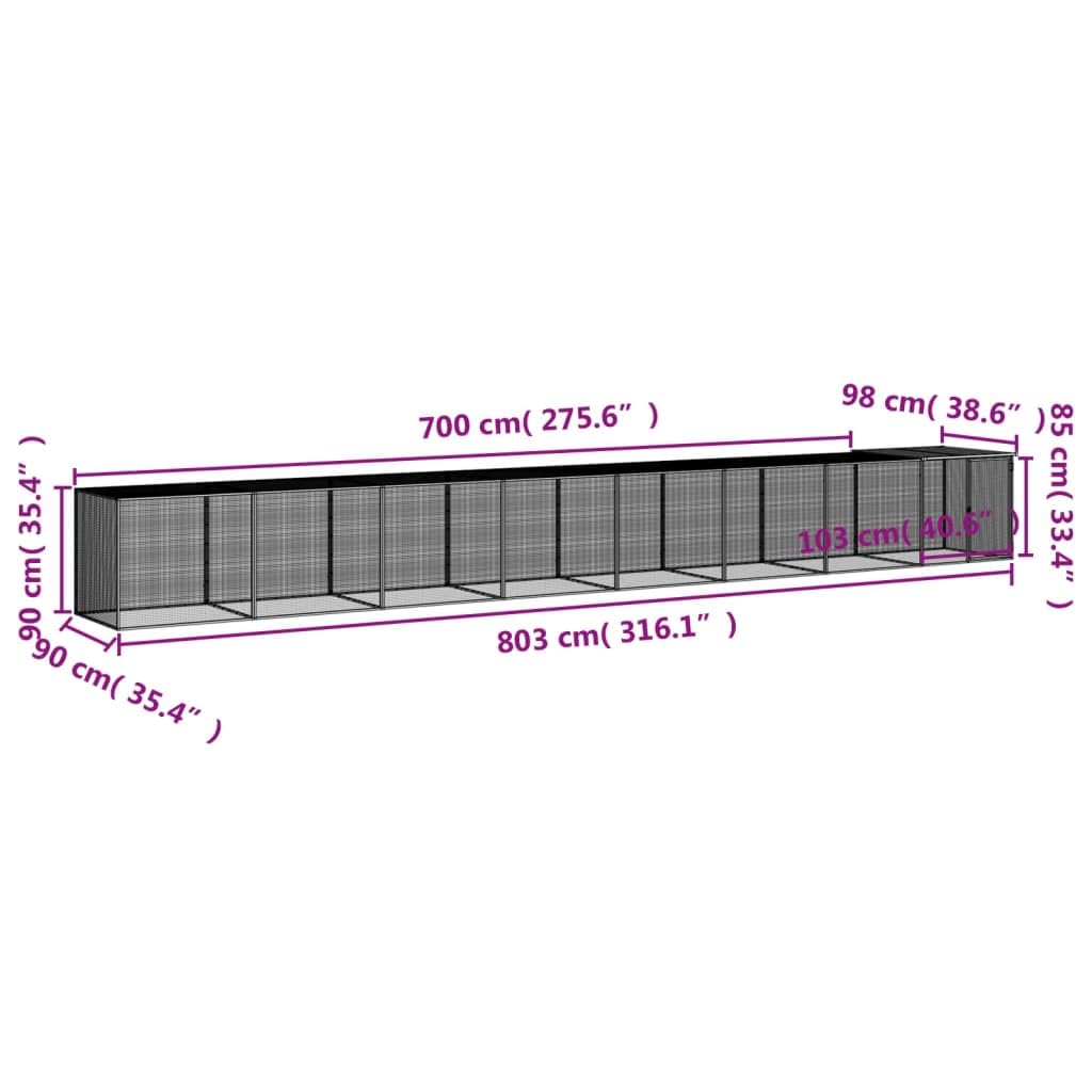 Klatka dla kurcząt z dachem, jasnoszara z ocynkowanej stali, rozszerzalna wybieg dla kur, kur, królików i świnek morskich, 803 x 98 x 90 cm, do użytku na zewnątrz, do ogrodu, na balkon