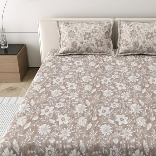 Image of Mafatlal 186 Tc Corsica Cotton Bedsheet for King Size Bed | 108 X 108 Inches | Summer Lightweight Chador for Breathable Sleep | Bedding Set with 2 Pillow Covers | Beige