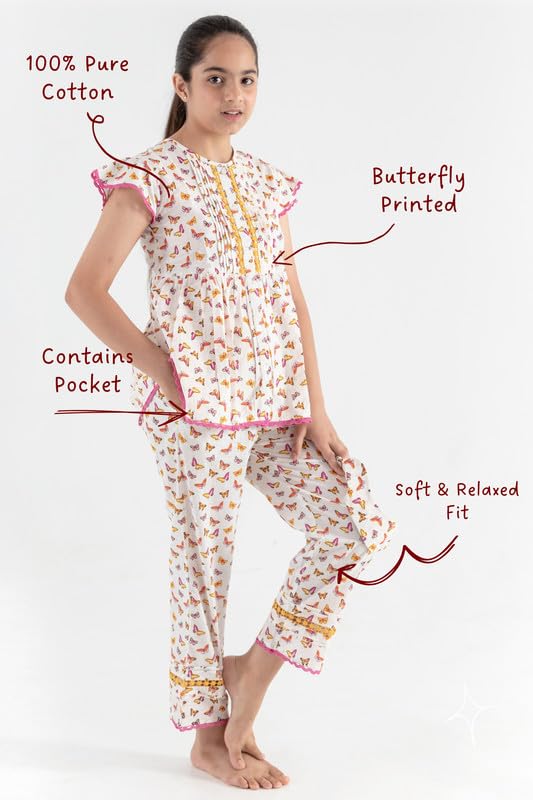 Image of Tweeny Mini Girls Kids Pure Cotton Nightsuit | Nightwear | Sleepwear | Nightdress with Pajama and Halfsleeve Top Cute Butterfly Printed with Eye Mask