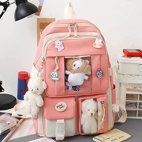 AONUOWE Kawaii Backpack with Cute Pins and Pendants 5Pcs Set Preppy Rucksack for Teen Girls School Bag Aesthetic Backpack (Pink)4