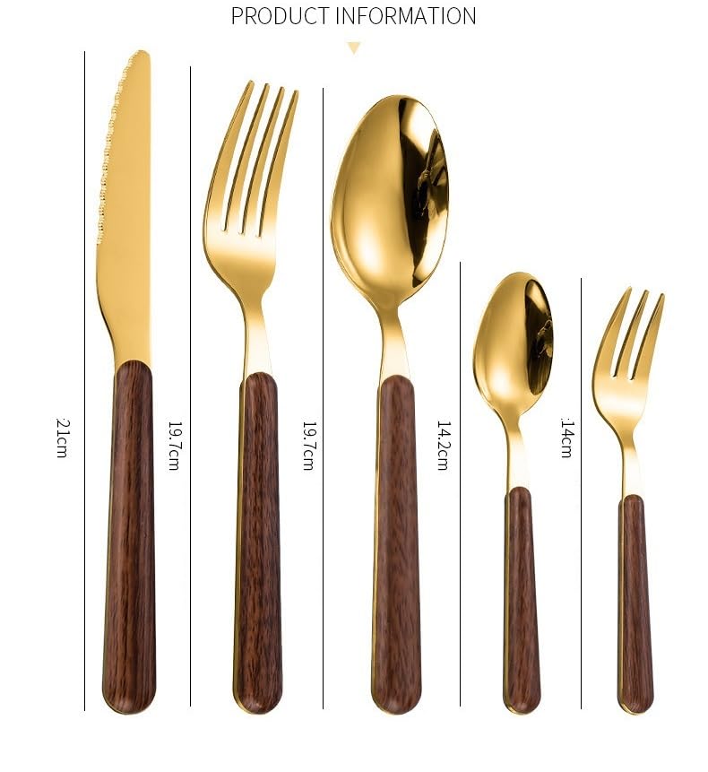 Este Juego de Cubiertos, 5/20/30/40 Piezas, Cuchillo, Tenedor y Cuchara de Acero Inoxidable con Mango de Madera, Estilo Retro, Incluye Cuchara para café, Postre y Tenedor para Fruta, Color p