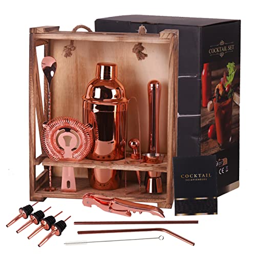 RERXN 18-teiliges Cocktail Shaker Set Bar Werkzeug Set mit rustikalem Holzständer, perfektes Bartending-Set für zu Hause für ein fantastisches Mixerlebnis (Rose Gold) Cover