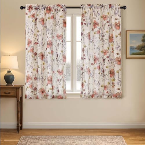 OVZME Printed Floral Short Curtains 45 Inches Length 2 Panels Set, Exquisite Farmhouse Style Crushed...