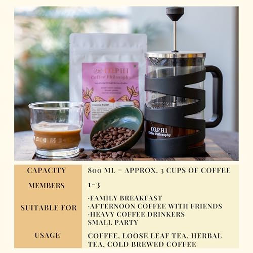 Image of CO.PHI French Press Coffee Maker, 800ml German Borosilicate Glass Carafe, Stainless Steel Filter, Ergonomic Handle, Black Spiral Design with 100 gms Cinnamystic Ground Coffee
