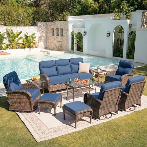 Belord Juego de 5 muebles de patio al aire libre con sillas mecedoras giratorias de asiento profundo, sofá biplaza y mesa de café de ratán, juegos de conversación al aire libre para terraza, patio