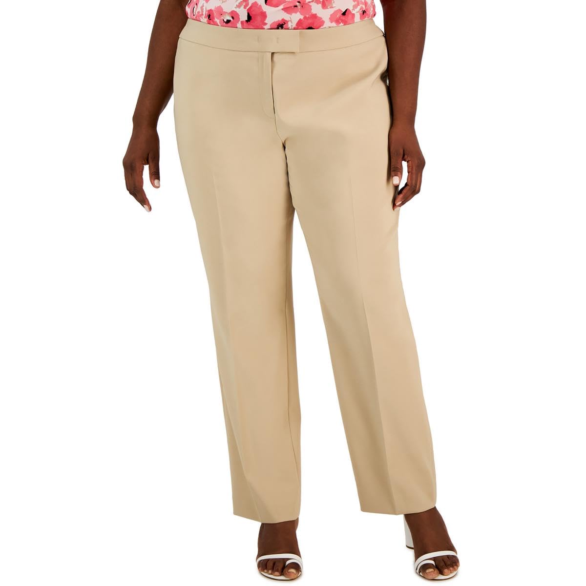 Anne Klein Womens Plus High Rise Khaki Straight Leg Pants Beige 16W Latte