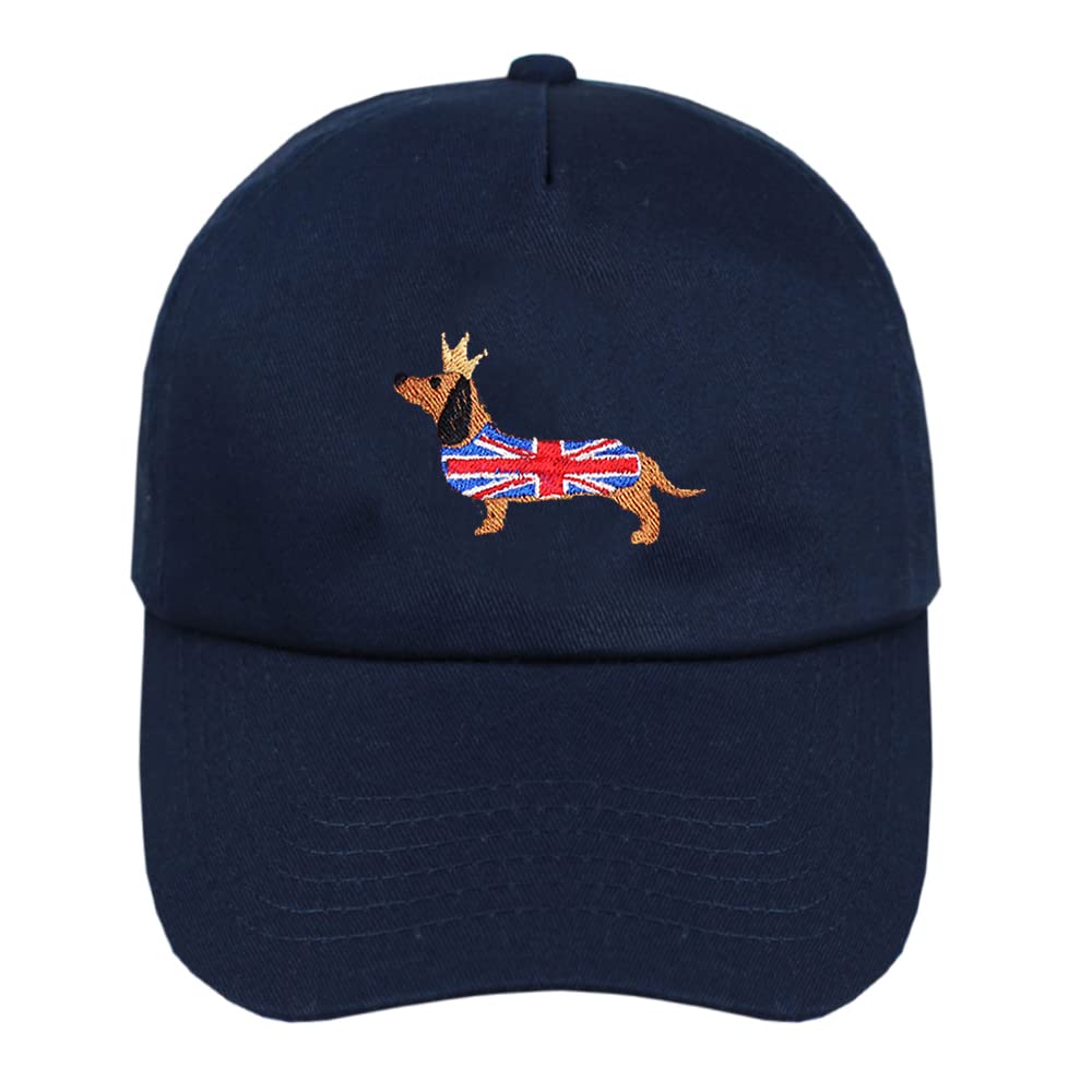 TeddyT's Kid's Dachshund Sausage Dog Union Jack Coronation Baseball Cap Hat (Navy Blue)
