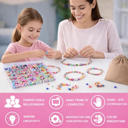 Image of ambitieux DIY Bracelet Making Kit - 350+ Pieces of Colorful Beads, 10M Elastic Thread, Jute Bag, And Cutter - Gift For Girls Birthdays (Cute Designer Beads),Multicolor