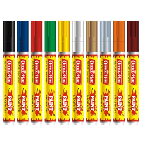Image of Soni Officemate Regular Paint Marker | Pack of 10 (Mix) | Multi-Surface | Non-Toxic, Oil-Based | 4.5 mm Tip | For Hobbyists, Artists, Students