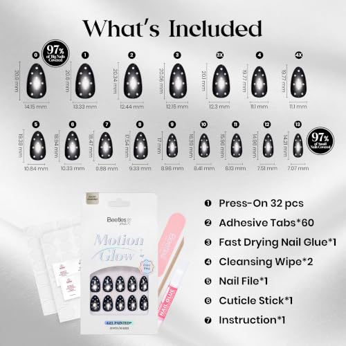 Image of Beetles Black Cat Eye Press On Nails Short Almond, 32 PCS, White Polka Dots | Halloween 16 Sizes Salon-Look Cat Eye Nails, Glue and Adhesive Tabs Included, Ready in 10 Minutes, All-in-One Complete Kit