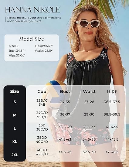 Hanna Nikole Ensemble tankini sportif pour femme, maillot de bain deux pièces, maillot de bain d'été à motif floral, haut rembourré avec short