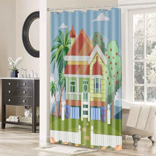 Image of Blue Theme Cartoon House Palm Tree 60x72 Shower Curtain with Hooks | Cartoon House Palm Tree Print On Blue Backdrop, Polyester Curtain With Grommets Hooks For Bathroom Bathtub Decoration