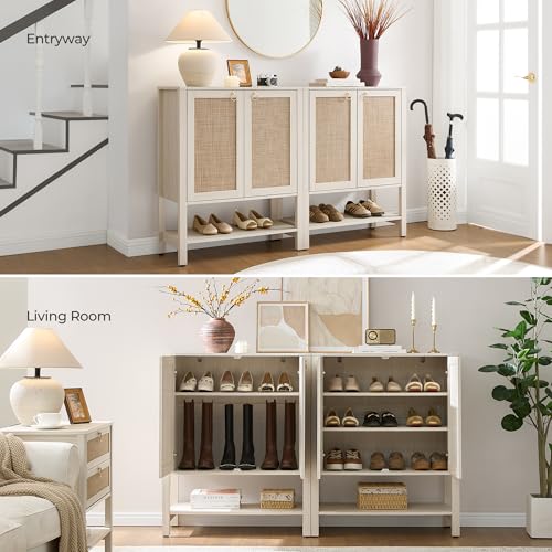 Image of SICOTAS Shoe Storage Cabinet for Entryway - 5 Tier Rattan Entry Shoe Organizer Cabinet with Shelves & Doors, 2 Pieces Farmhouse Boho Shoe Rack for Hallway, Living Room, Closet (White Cream Oak)