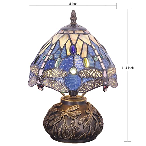 Rhlamps Small Tiffany Lamp W8H11 Inch Navy Dragonfly Style Stained Glass Table Lamp Bronze Mushroom Type Bedside Lamp Mini Accent Lamp Decor Bedroom #TOP1