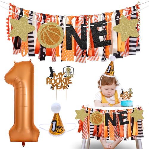 Image of Basketball Highchair Banner for First Birthday Party Decorations | My 1st Rookie Year Basketball Fabric Banner for Boys Black Orange High Chair Banner for One Birthday Backdrop Decorations