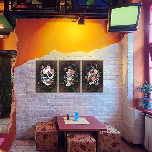 Fushvre Sugar Skull Wall Art Canvas Human Bone With Colorful Flowers And Butterflies Painting Brown Skeleton Canvas Decor For Bedroom Bathroom Halloween Mexican Day Of The Dead Ready To Hang #TOP3