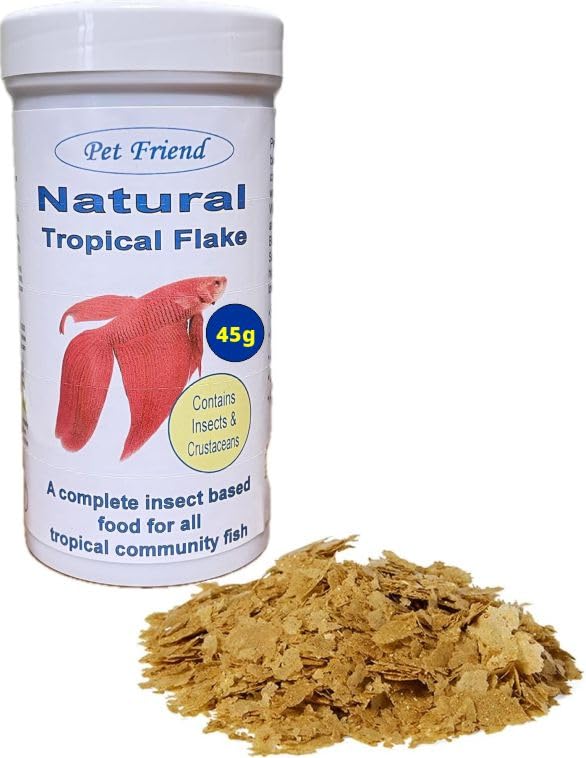 Pet Friend Tropical Fish Food Flakes 45g - Complete Aquarium Diet for Guppies, Tetras & Mollies - High Insect Meal & Spirulina for Color Enhancing & Immune Support