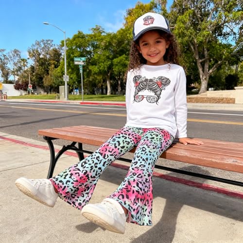 Image of KIDLAGA Toddler Girl Clothes Figure Graphic Drop Shoulder Top Pullover Leopard Print Flared Pants Fall Winter Outfit Set