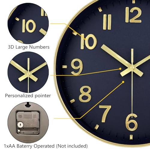 Image of Modern Wall Clock, 10 Inch Digital Wall Clocks Battery Operated, Round Non Ticking Silent Analog Clock for Bedroom Living Room Kitchen Office Gym Classroom Decor, Gold Navy Blue Battery Clock
