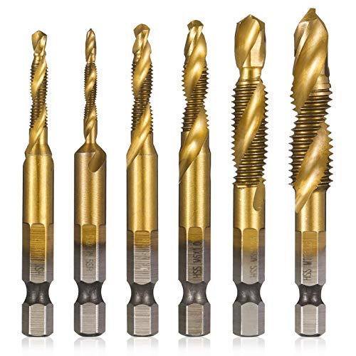 Girls'Love Talk 6PCS Thread Tap Drill Bit Set Hand Tap Hex Shank Drill Titanium Coated HSS Drill and Tap Bits 1/4 Hex Shank Screw Spiral Point Metric M3-M10 Hand Tools